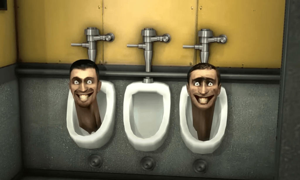 Heads emerging from a urinal in a *Skibidi Toilet* scene, image from ShiinaBR's Twitter post announcing the *Fortnite* collaboration.