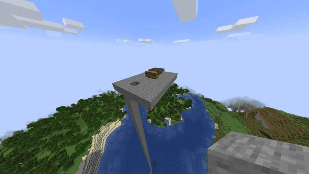 Minecraft small platform in the sky with a chest and four hoppers for mob spawner