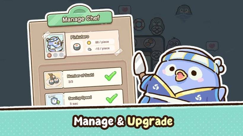 An image of a cheerful penguin showing off the upgrade chart for Penguin Sushi Bar