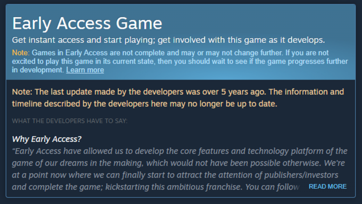 Steam's warning for abandoned Early Access games