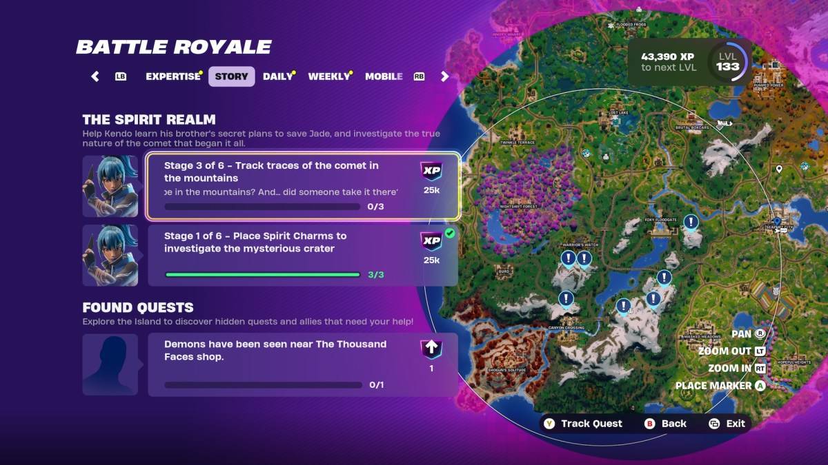 Map highlighting comet trace locations in Fortnite.