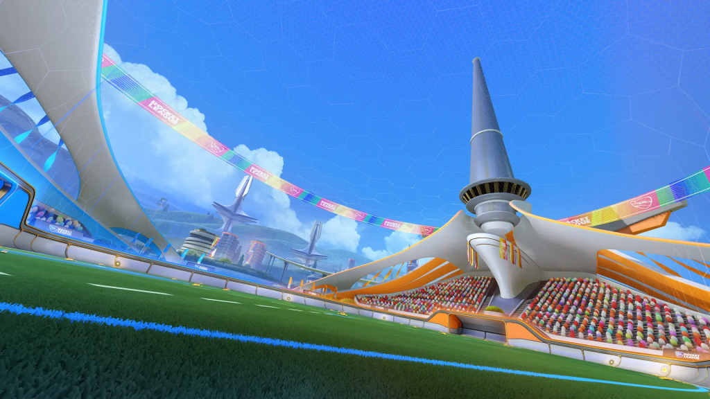 Vista panorâmica da arena Futura Garden no Rocket League