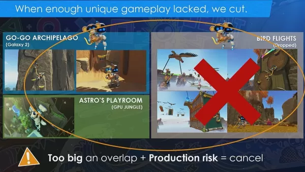 Outro slide, mostrando um nível de corte do Astro Bot ao lado de dois outros níveis implementados.