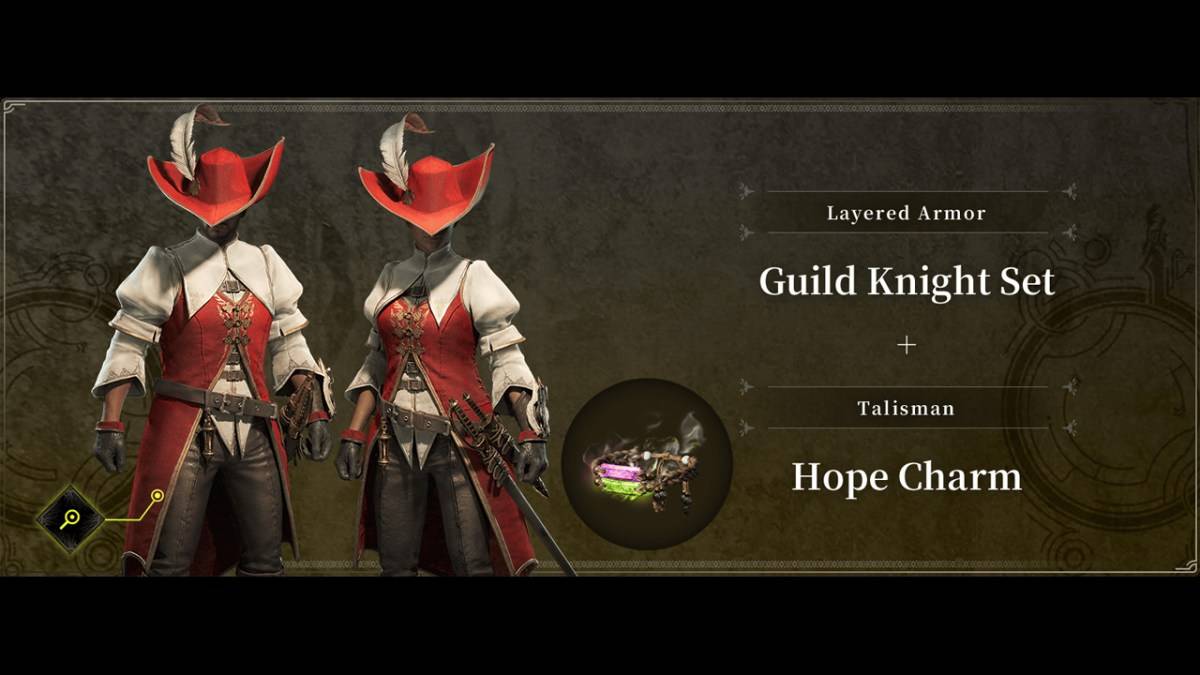 Ang pre-order na DLC para sa Monster Hunter Wilds, ang Guild Knight Set at Charm Charm.