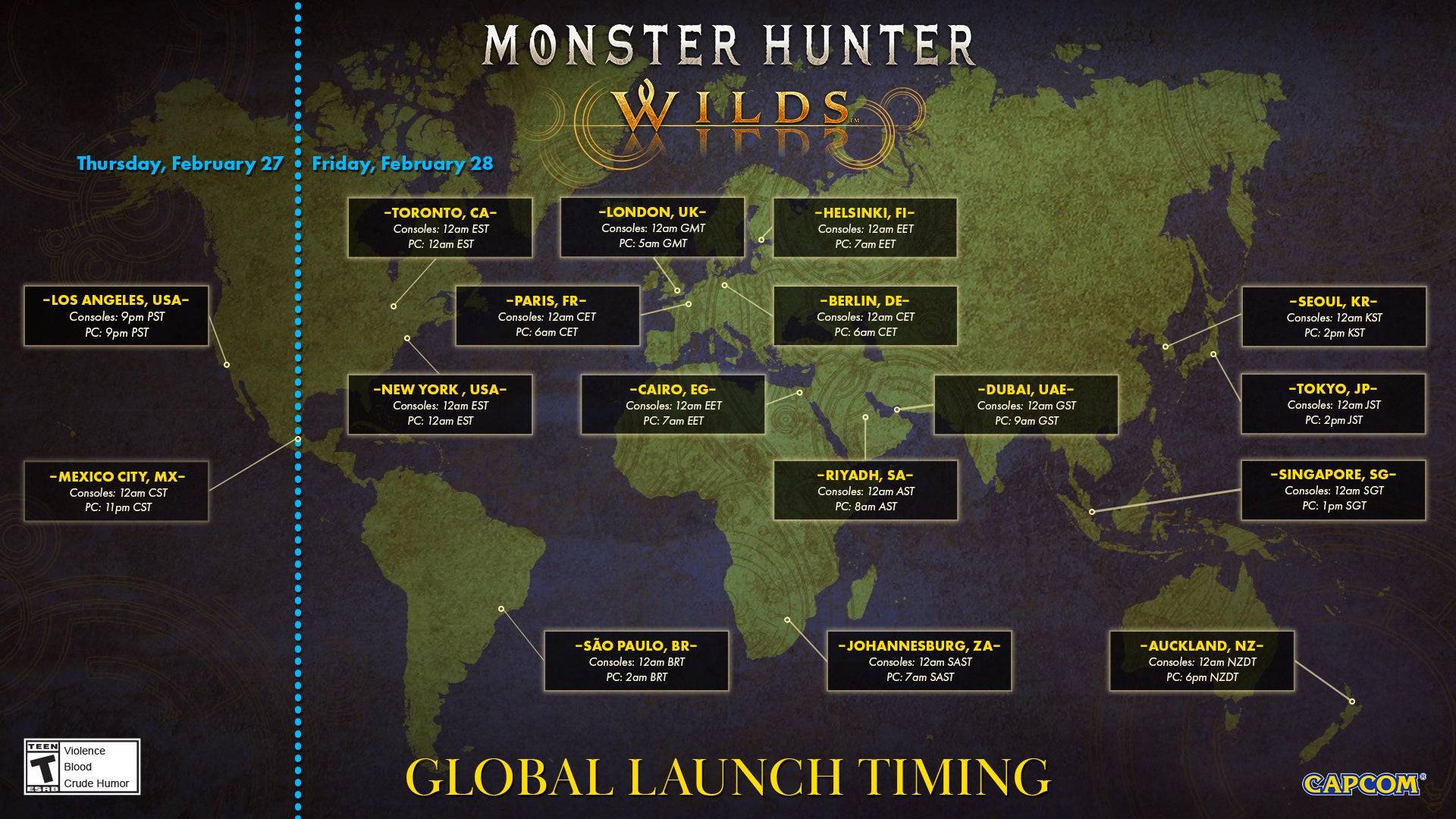 Monster Hunter Wilds全球發射時間。圖片來源：Capcom。